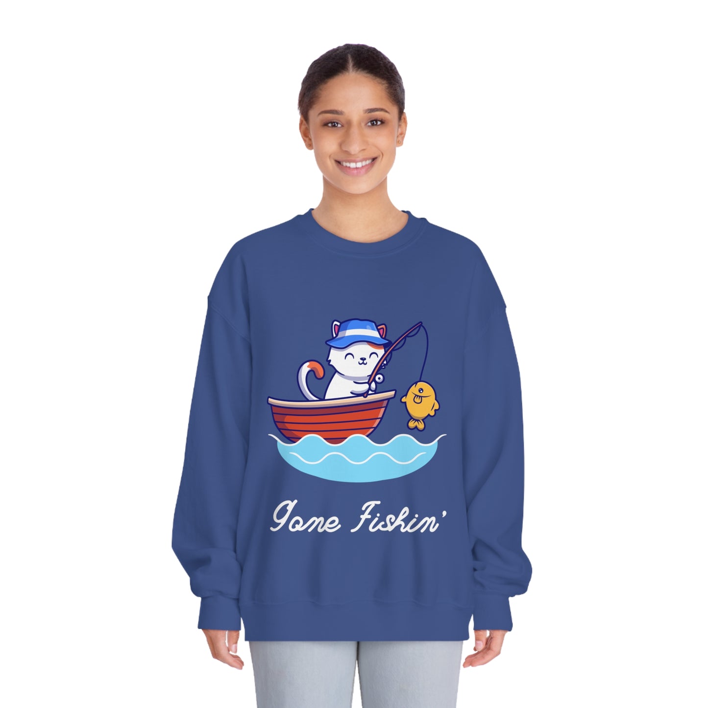 Gone Fishing Sweatshirt – Cat in Boat Crew Neck for Cat Lovers