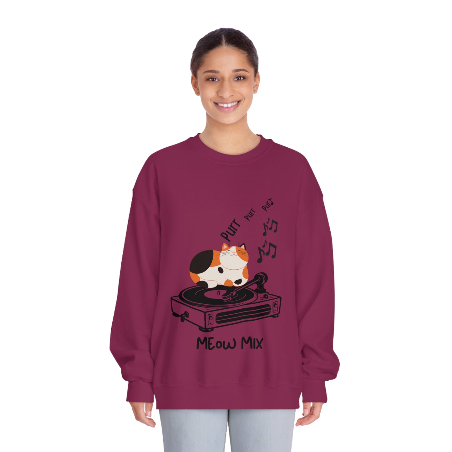 Meow Mix Sweatshirt – Cat on Record Player Crew Neck