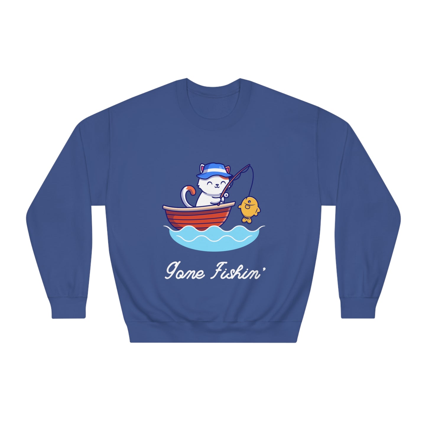 Gone Fishing Sweatshirt – Cat in Boat Crew Neck for Cat Lovers