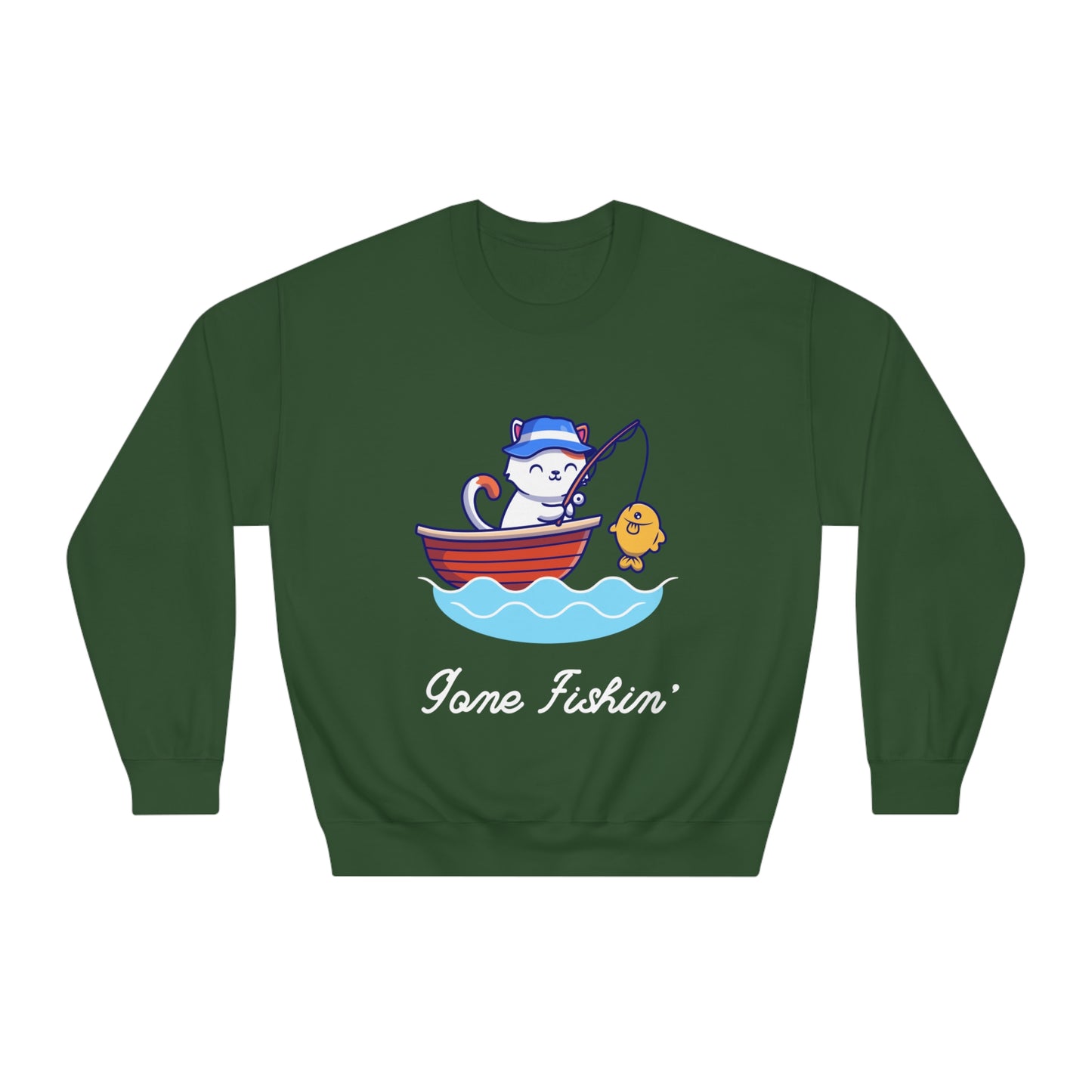 Gone Fishing Sweatshirt – Cat in Boat Crew Neck for Cat Lovers