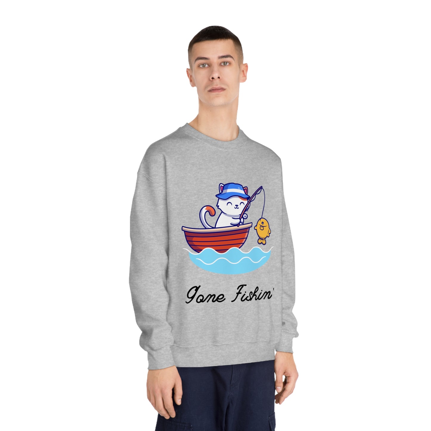 Gone Fishing Sweatshirt – Cat in Boat Crew Neck for Cat Lovers