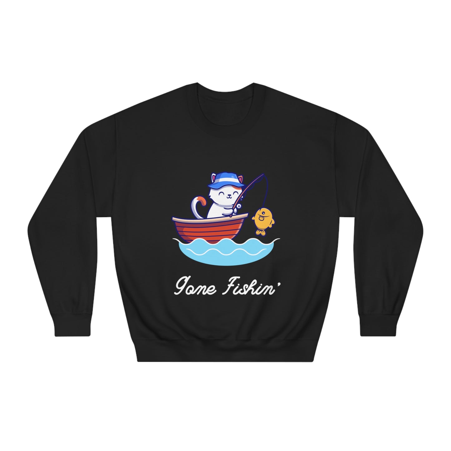 Gone Fishing Sweatshirt – Cat in Boat Crew Neck for Cat Lovers