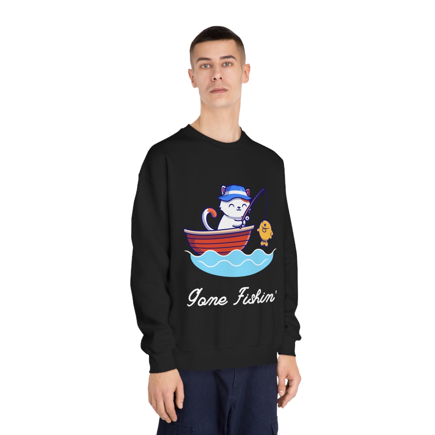 Gone Fishing Sweatshirt – Cat in Boat Crew Neck for Cat Lovers