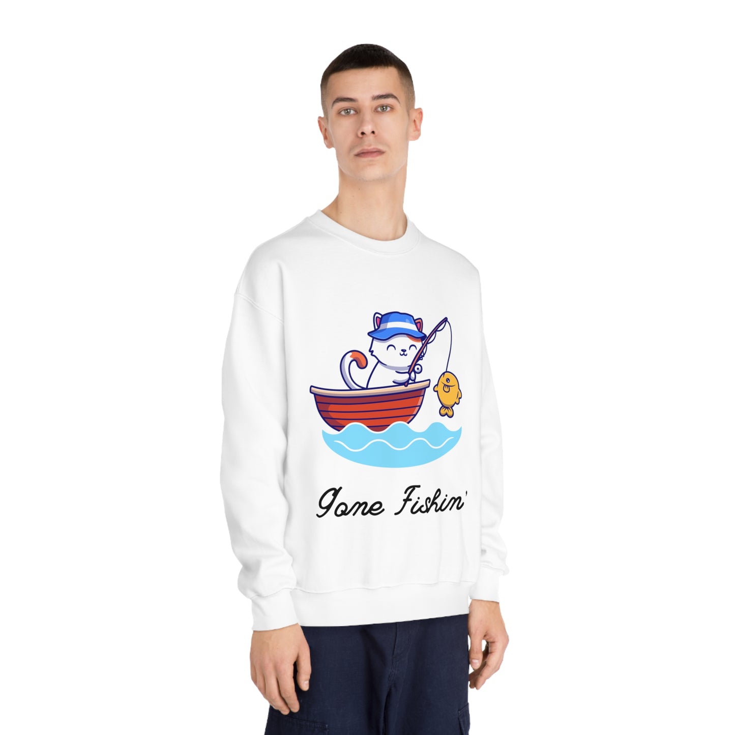 Gone Fishing Sweatshirt – Cat in Boat Crew Neck for Cat Lovers