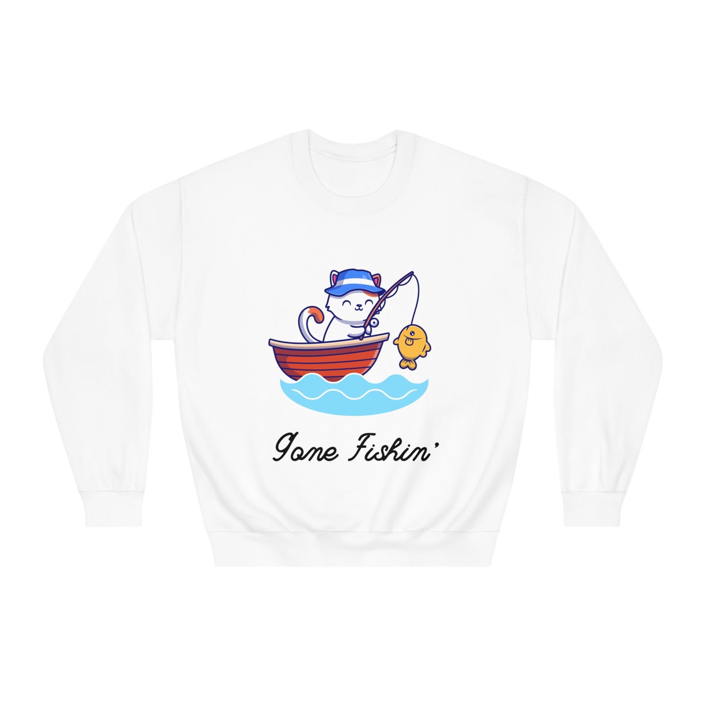 Gone Fishing Sweatshirt – Cat in Boat Crew Neck for Cat Lovers