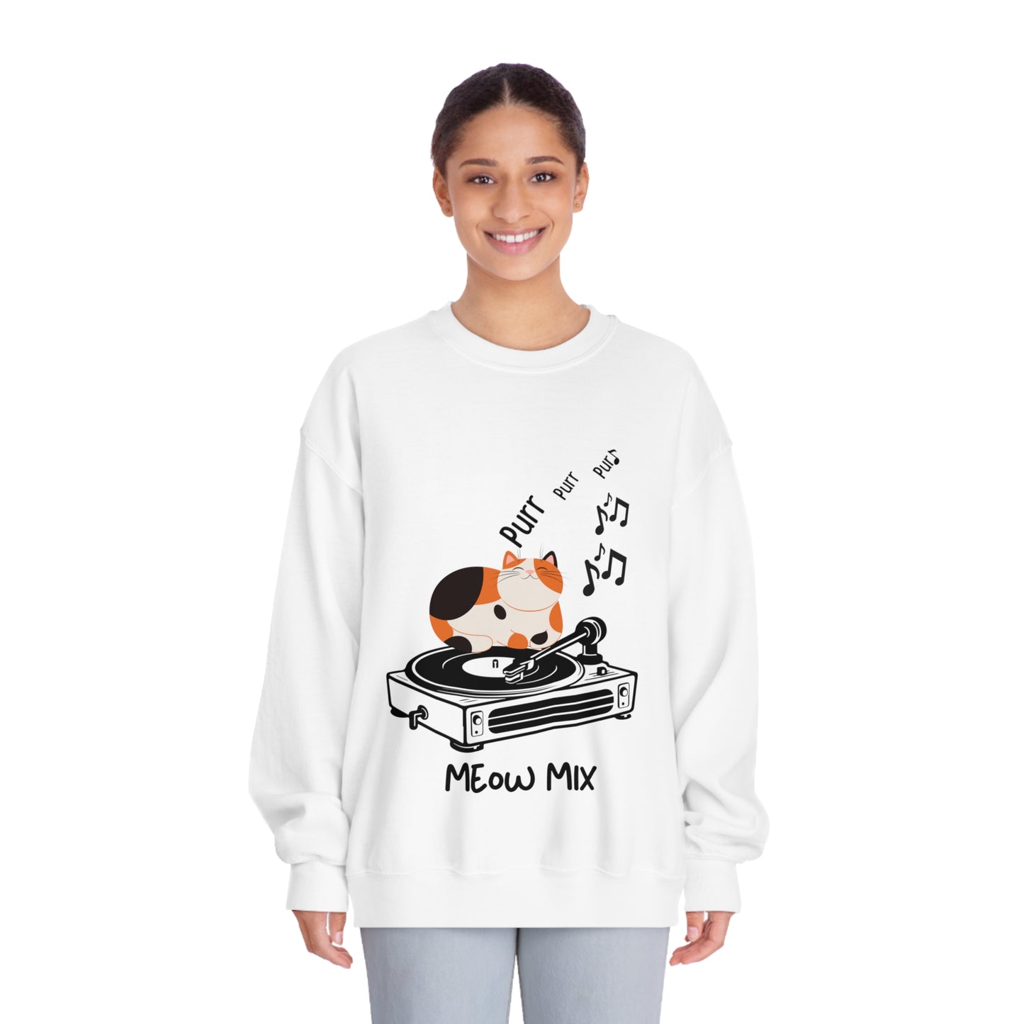 Meow Mix Sweatshirt – Cat on Record Player Crew Neck