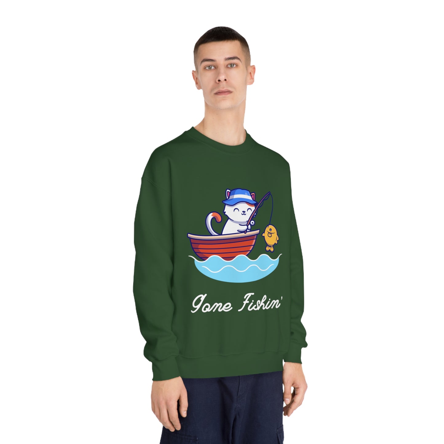 Gone Fishing Sweatshirt – Cat in Boat Crew Neck for Cat Lovers