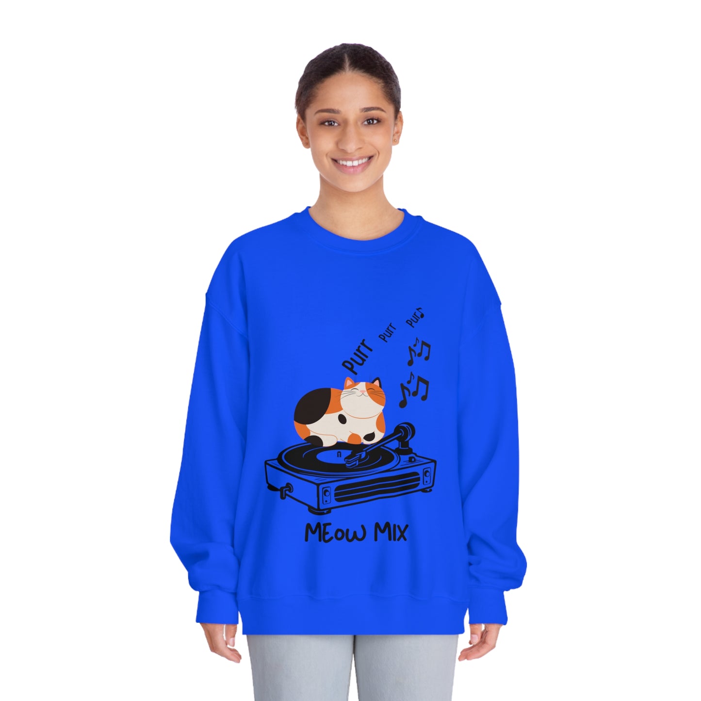 Meow Mix Sweatshirt – Cat on Record Player Crew Neck