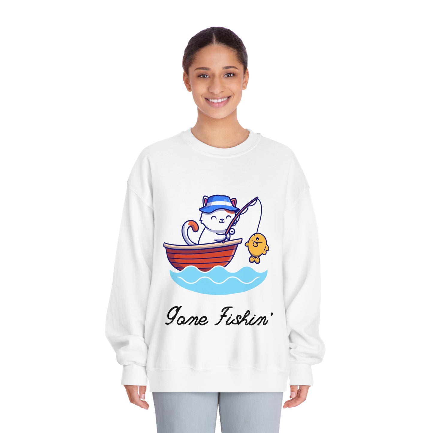 Gone Fishing Sweatshirt – Cat in Boat Crew Neck for Cat Lovers