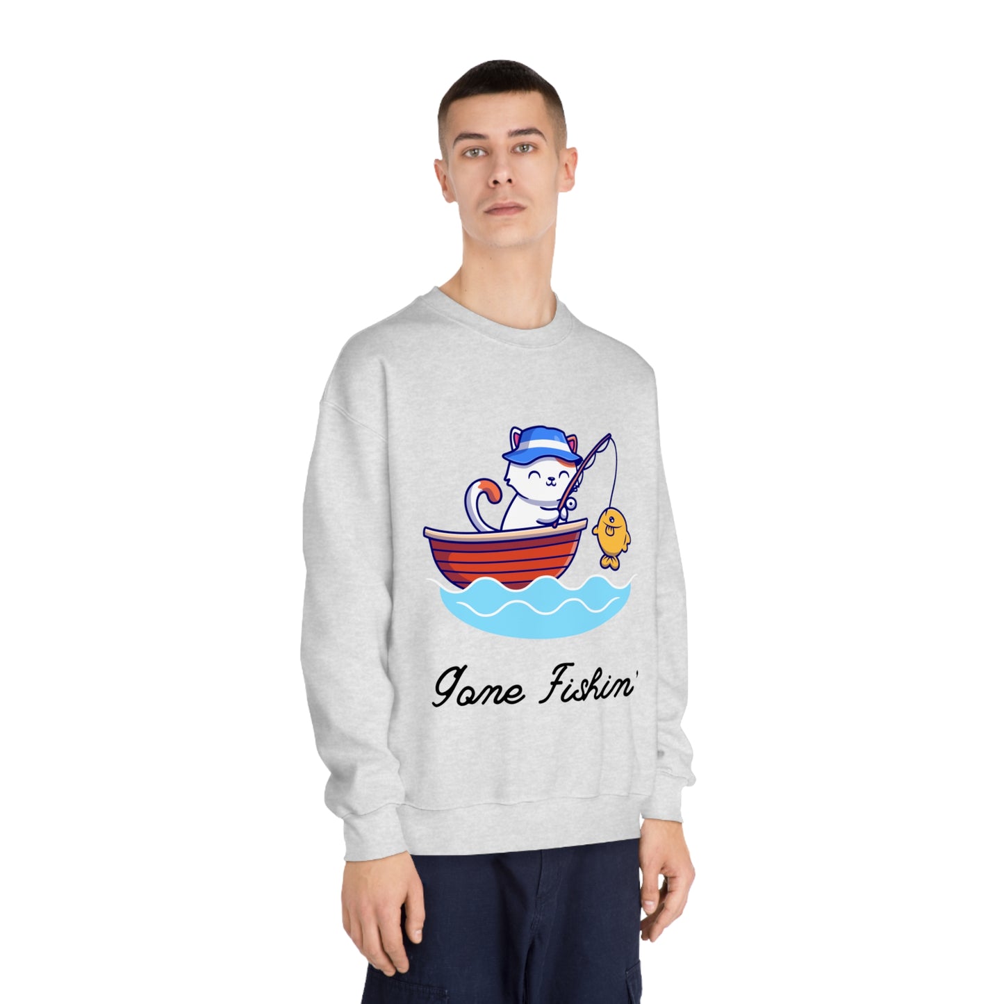 Gone Fishing Sweatshirt – Cat in Boat Crew Neck for Cat Lovers