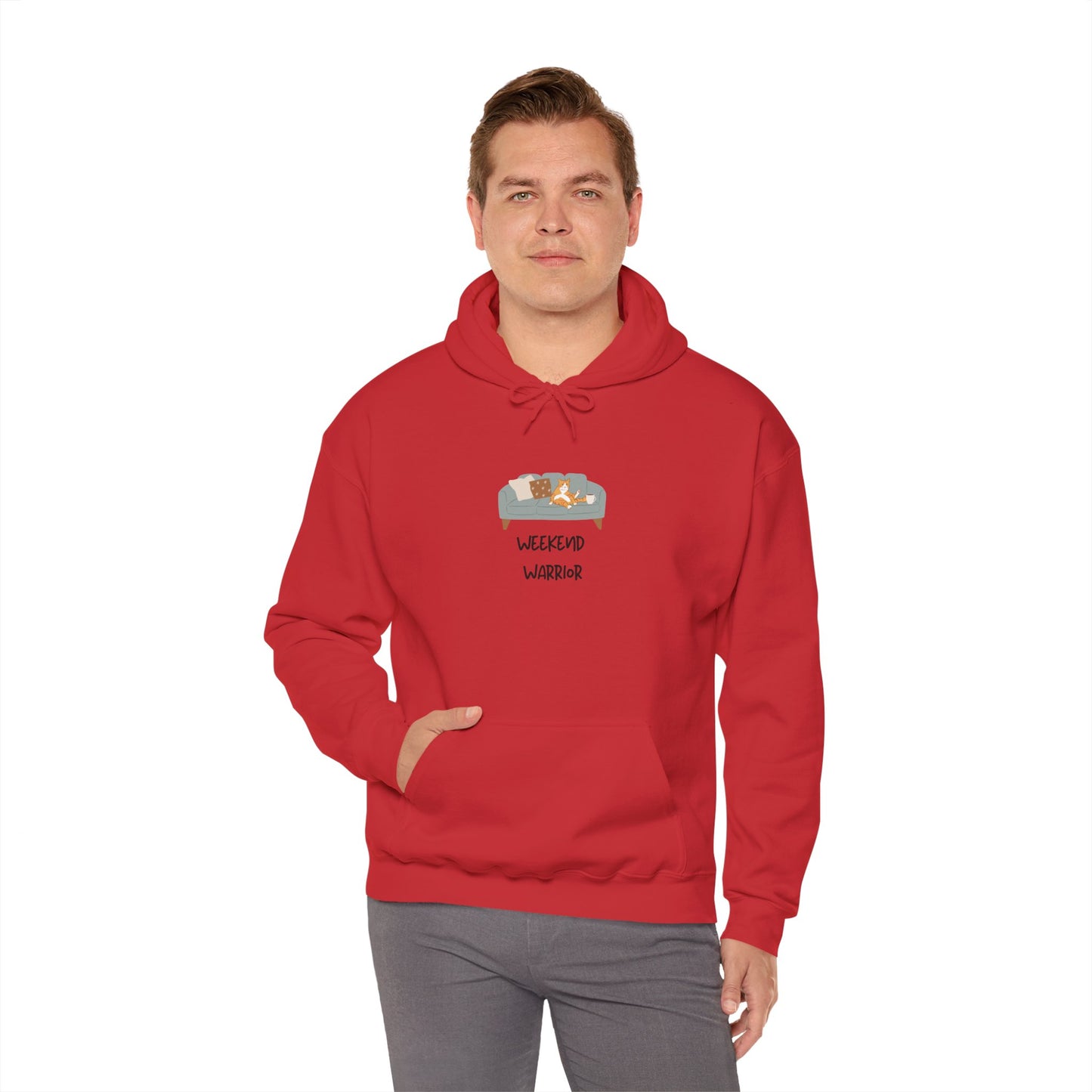 Weekend Warrior Hoodie – Lounging Cat Couch Graphic Sweatshirt