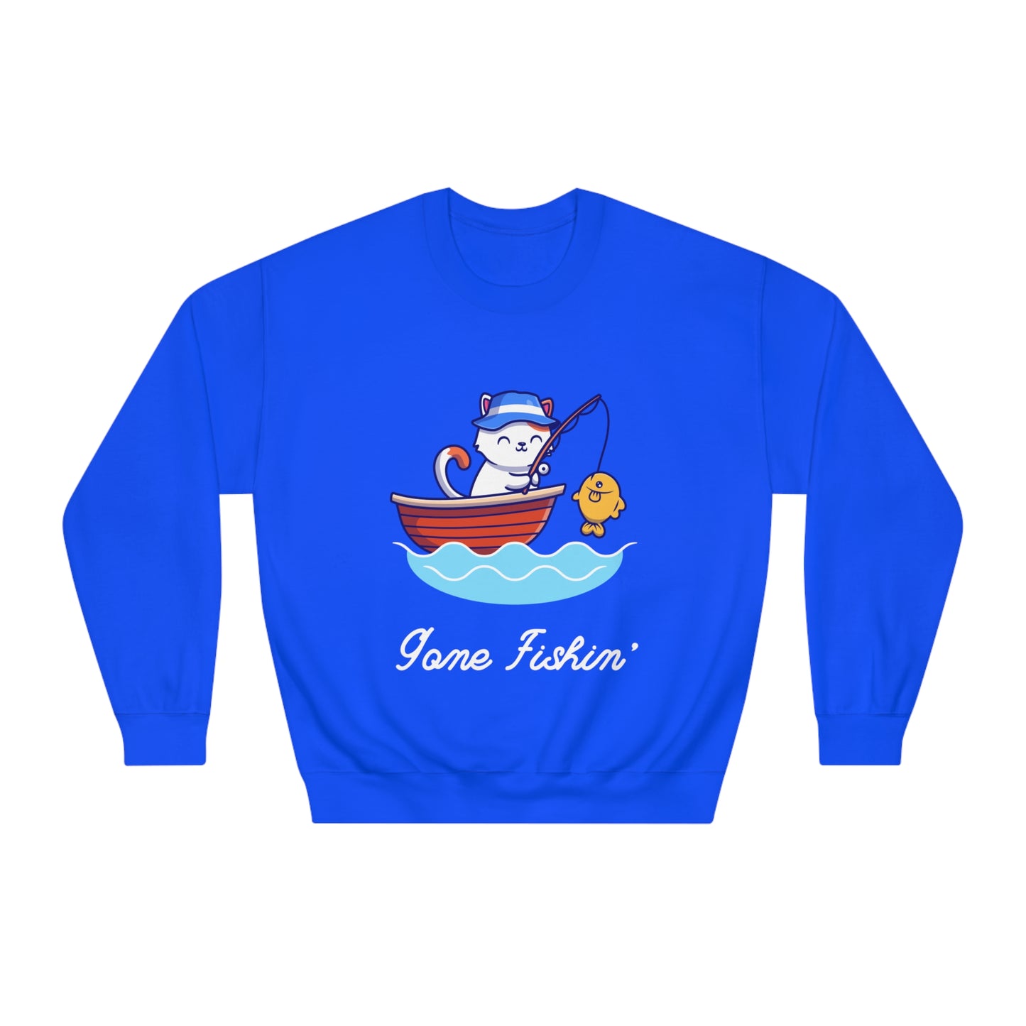 Gone Fishing Sweatshirt – Cat in Boat Crew Neck for Cat Lovers