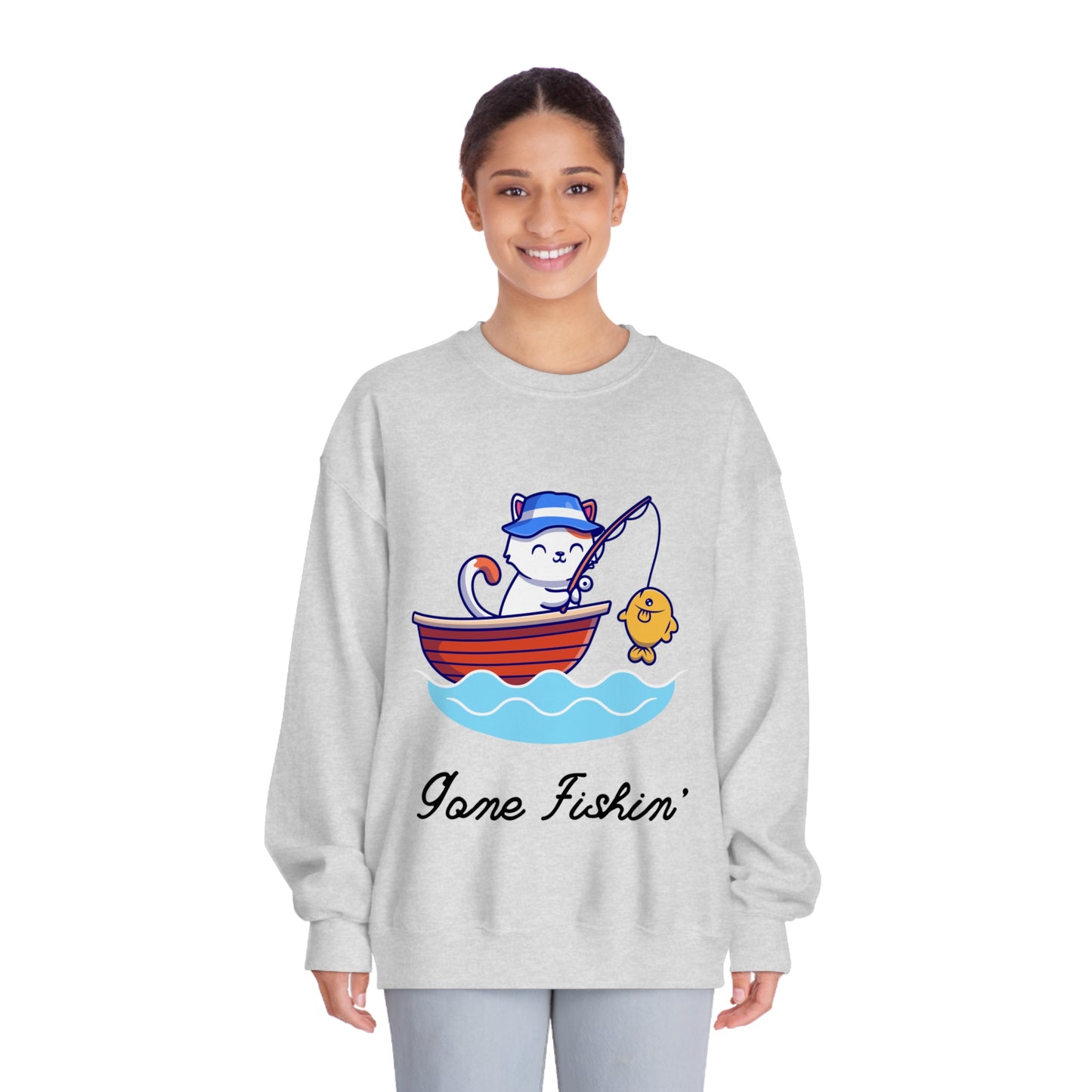 Gone Fishing Sweatshirt – Cat in Boat Crew Neck for Cat Lovers