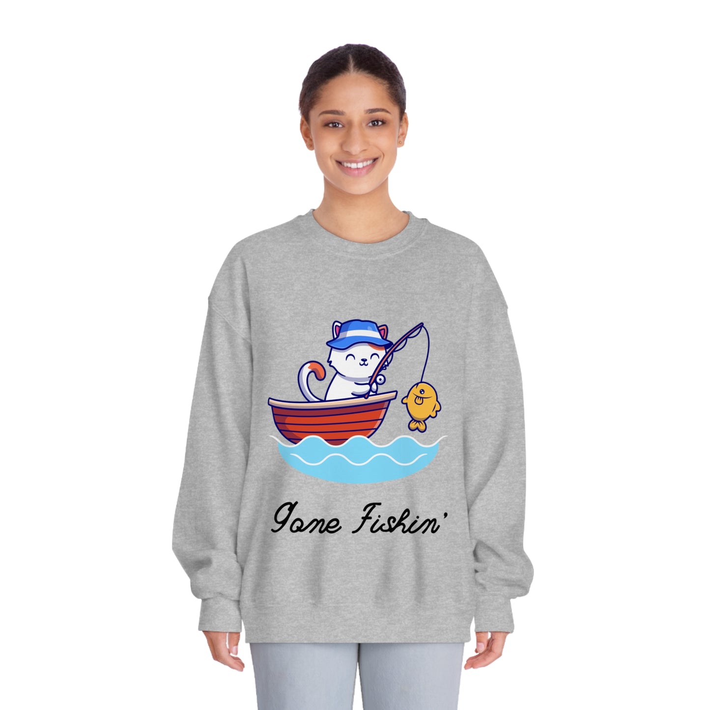 Gone Fishing Sweatshirt – Cat in Boat Crew Neck for Cat Lovers