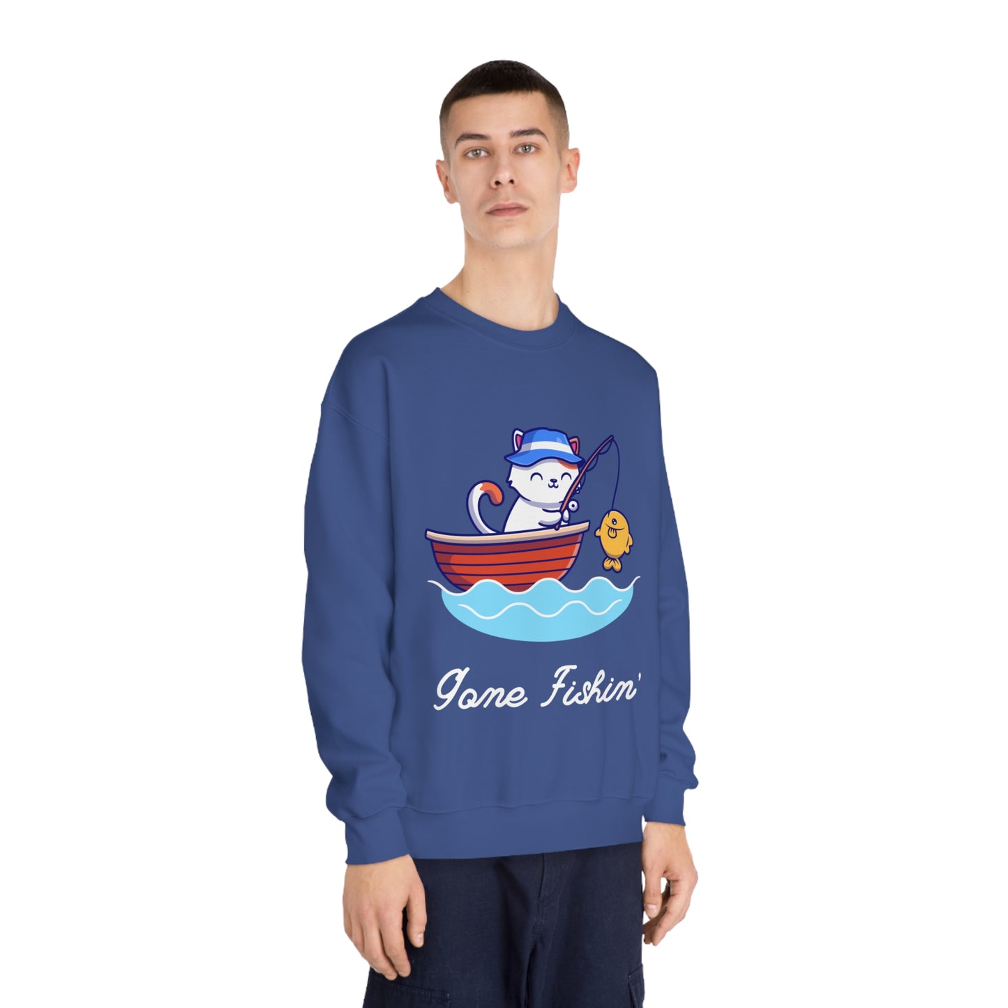 Gone Fishing Sweatshirt – Cat in Boat Crew Neck for Cat Lovers
