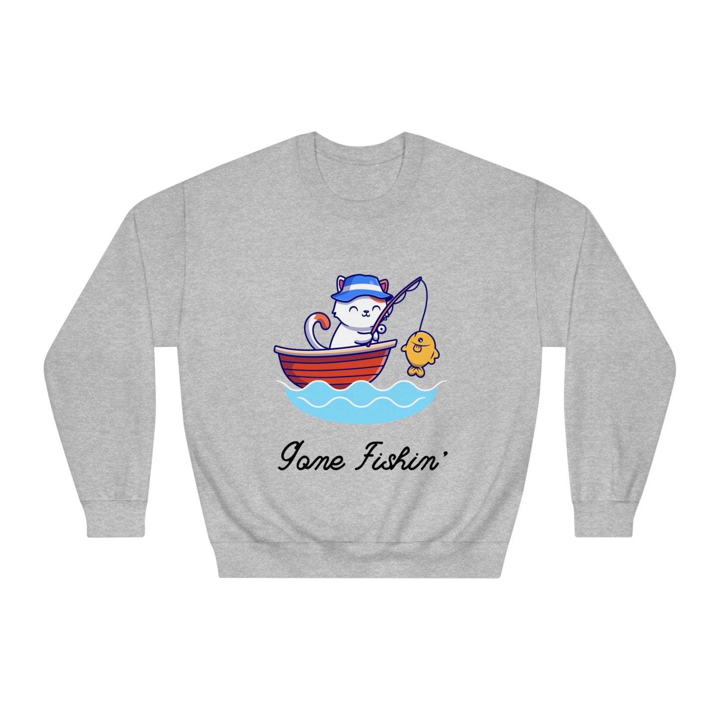 Gone Fishing Sweatshirt – Cat in Boat Crew Neck for Cat Lovers