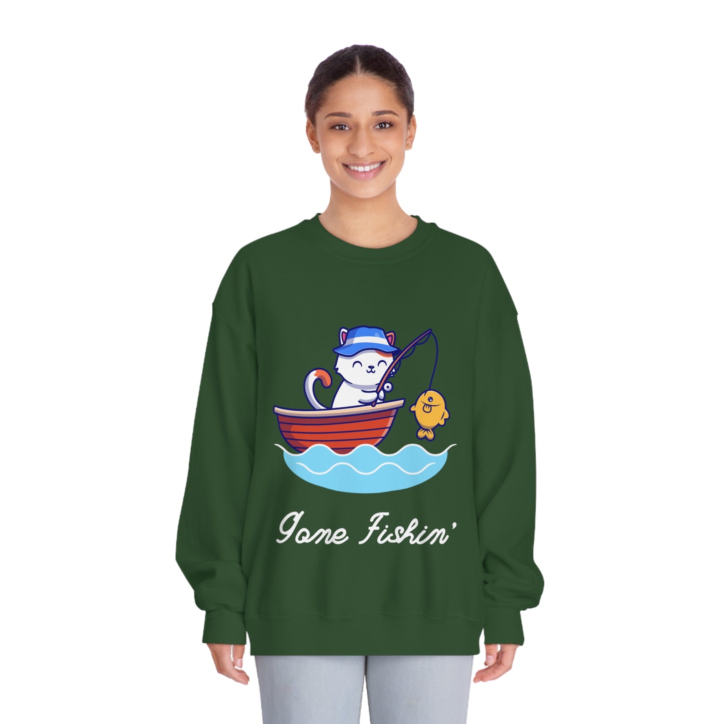 Gone Fishing Sweatshirt – Cat in Boat Crew Neck for Cat Lovers