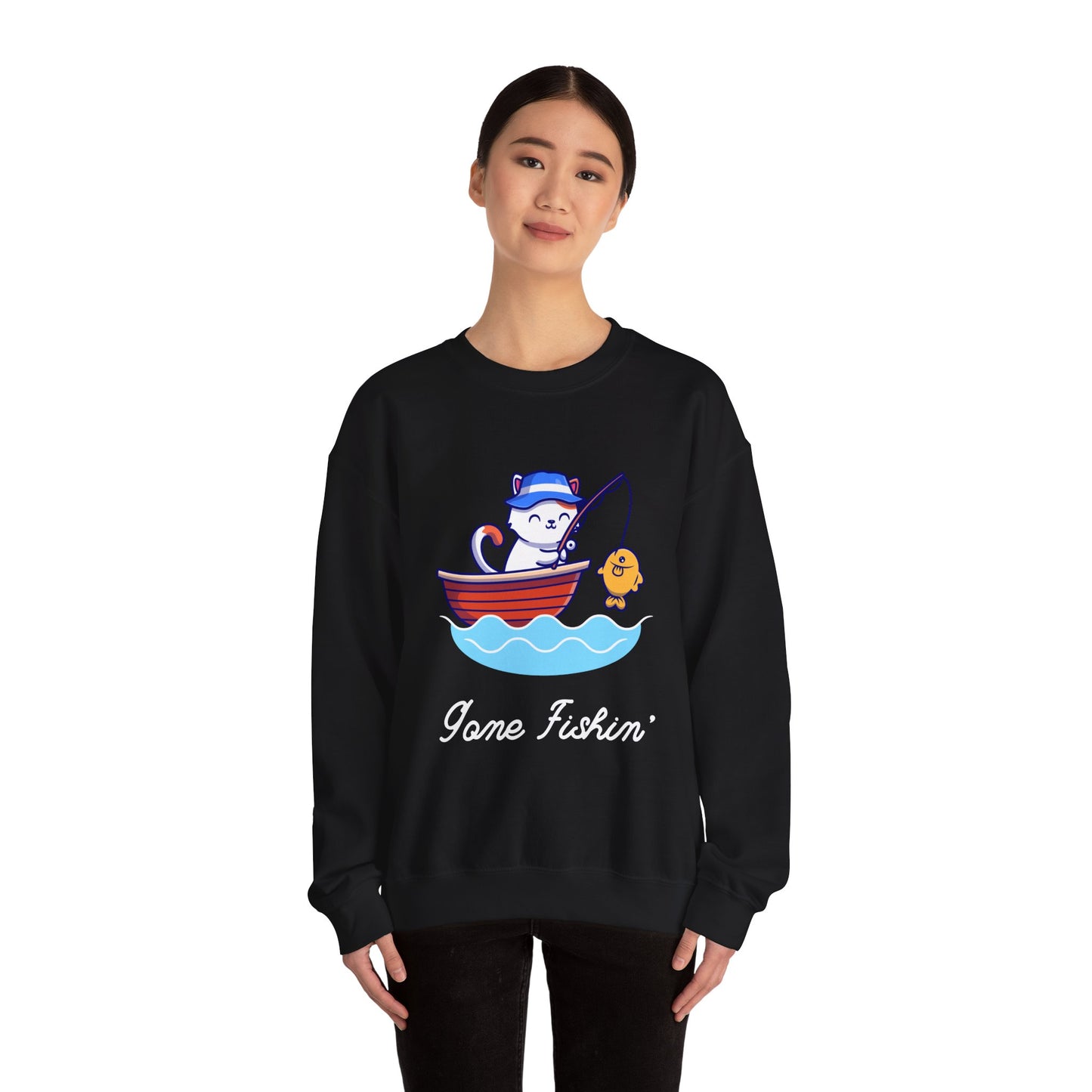 Gone Fishing Sweatshirt – Cat in Boat Crew Neck for Cat Lovers