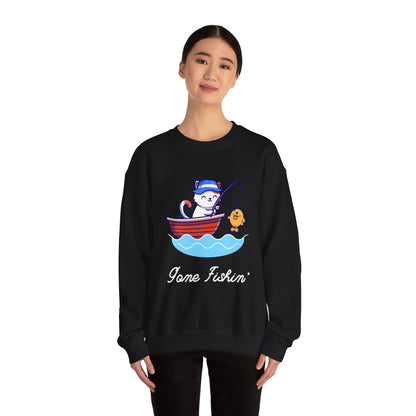 Gone Fishing Sweatshirt – Cat in Boat Crew Neck for Cat Lovers