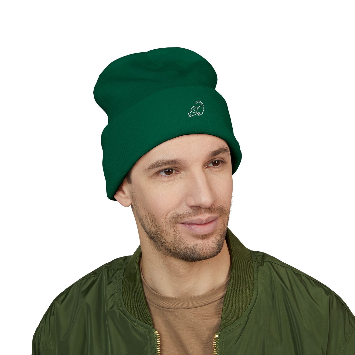 Stretching Cat Beanie – Embroidered Cuffed Knit Hat