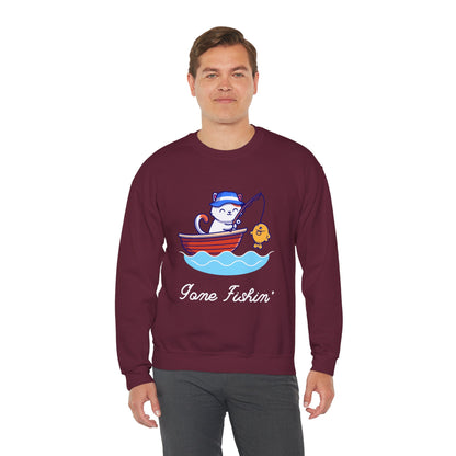 Gone Fishing Sweatshirt – Cat in Boat Crew Neck for Cat Lovers