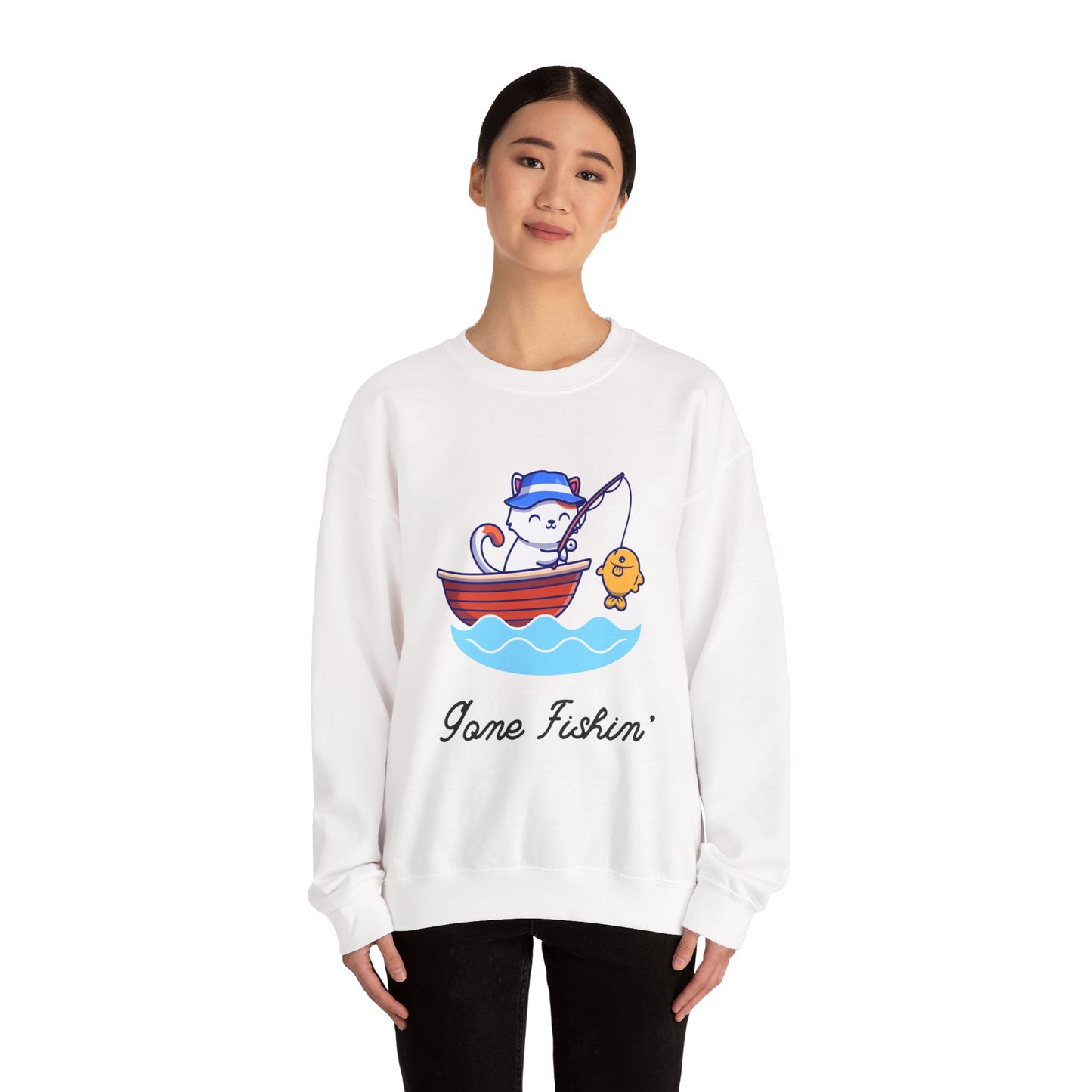 Gone Fishing Sweatshirt – Cat in Boat Crew Neck for Cat Lovers