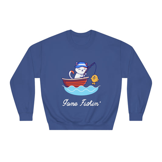 Gone Fishing Sweatshirt – Cat in Boat Crew Neck for Cat Lovers