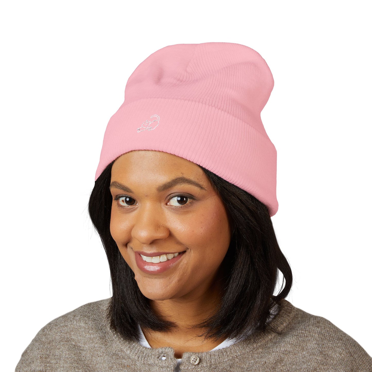 Stretching Cat Beanie – Embroidered Cuffed Knit Hat