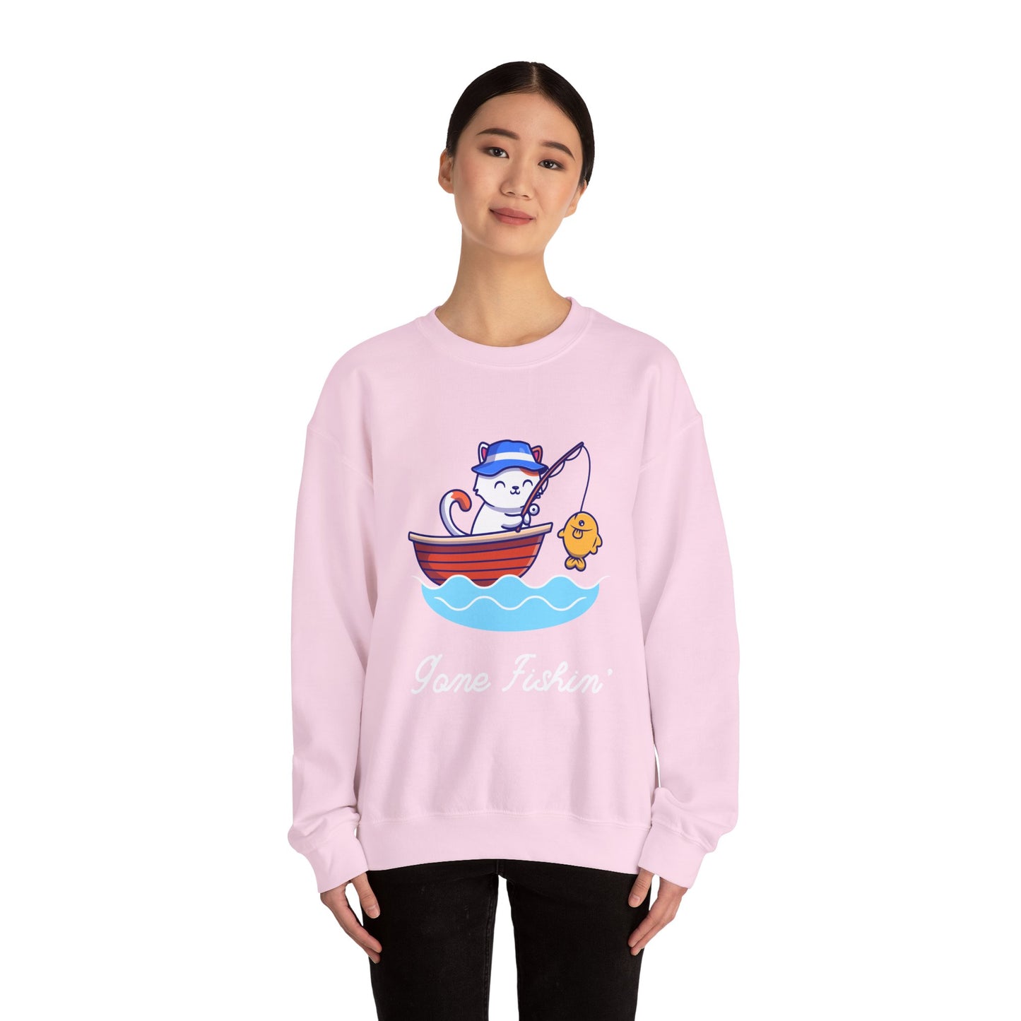 Gone Fishing Sweatshirt – Cat in Boat Crew Neck for Cat Lovers