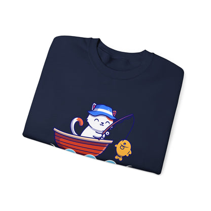 Gone Fishing Sweatshirt – Cat in Boat Crew Neck for Cat Lovers