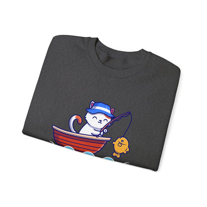 Gone Fishing Sweatshirt – Cat in Boat Crew Neck for Cat Lovers
