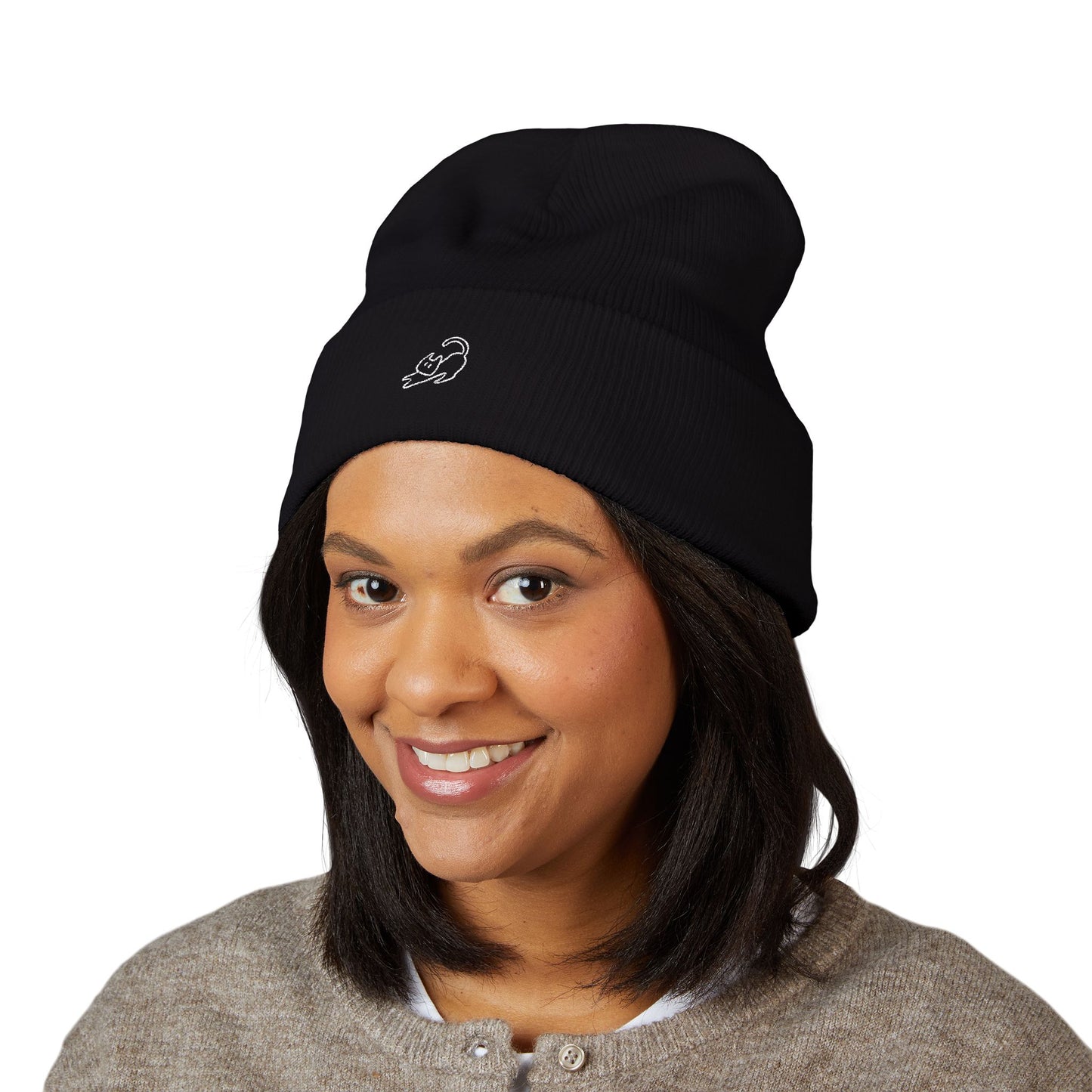 Stretching Cat Beanie – Embroidered Cuffed Knit Hat