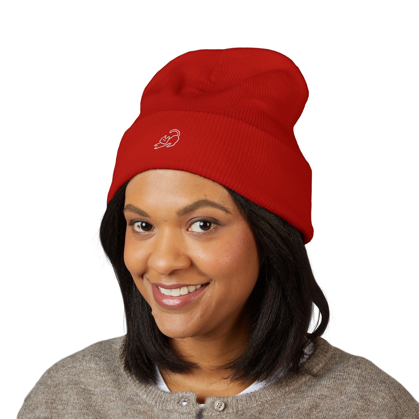 Stretching Cat Beanie – Embroidered Cuffed Knit Hat
