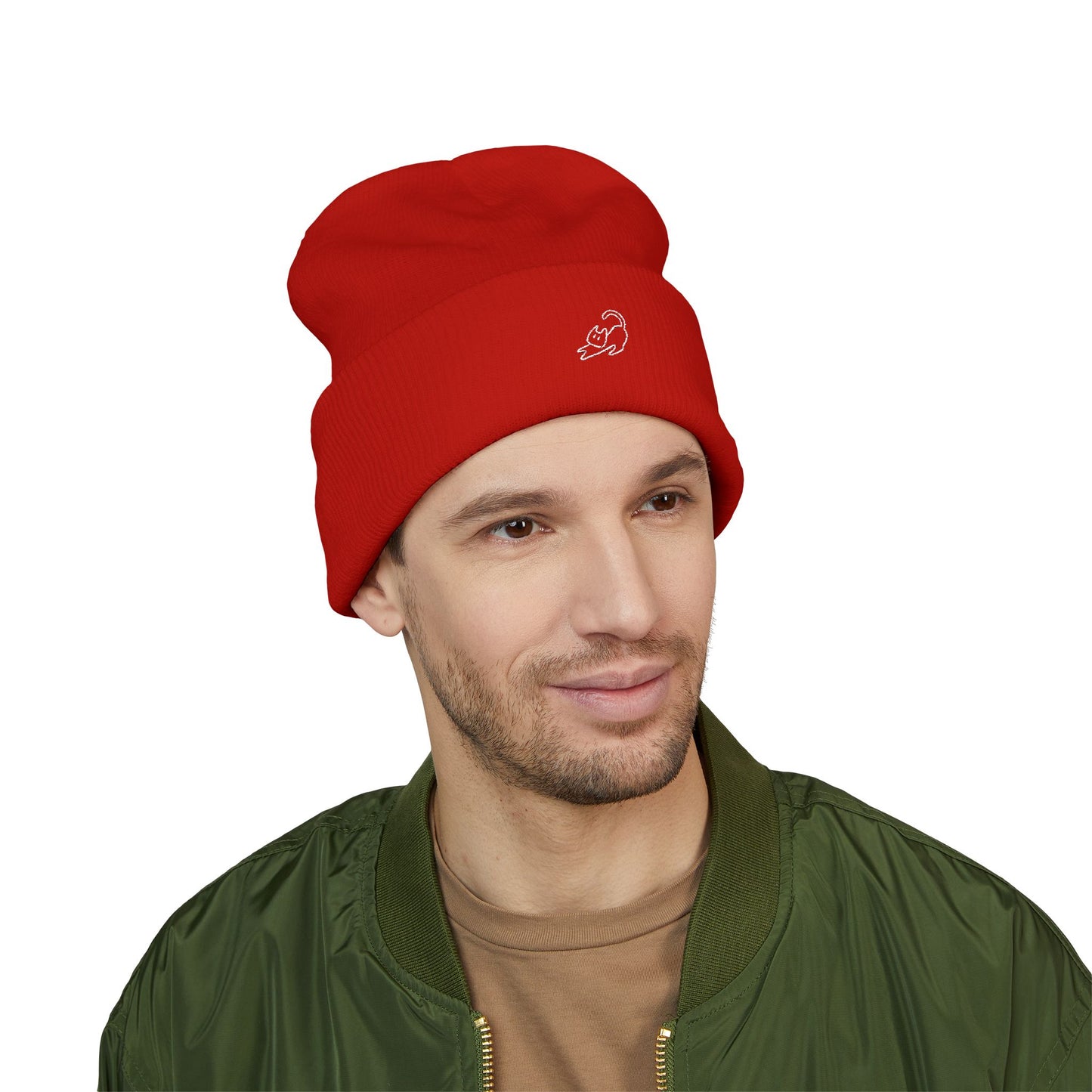 Stretching Cat Beanie – Embroidered Cuffed Knit Hat