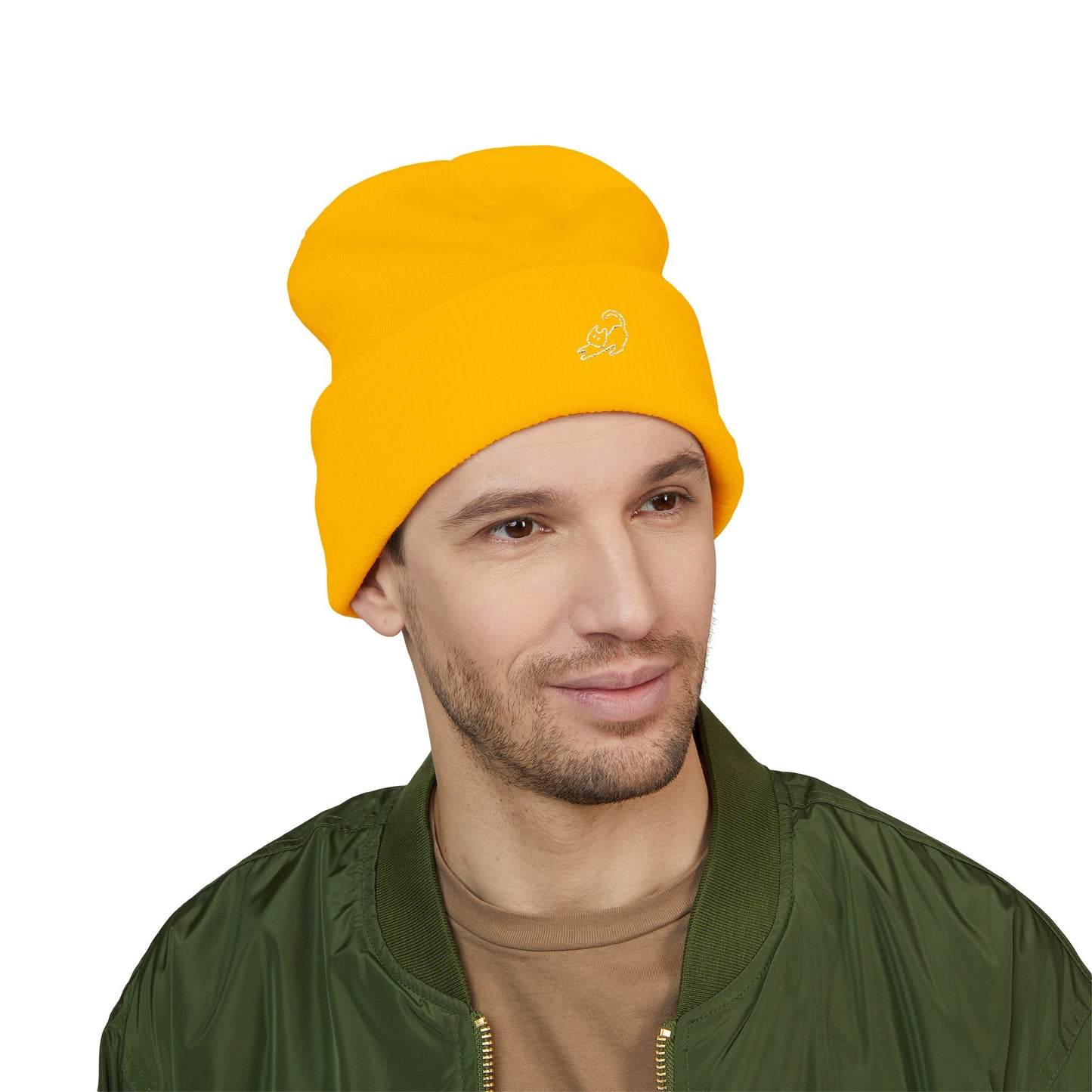 Stretching Cat Beanie – Embroidered Cuffed Knit Hat