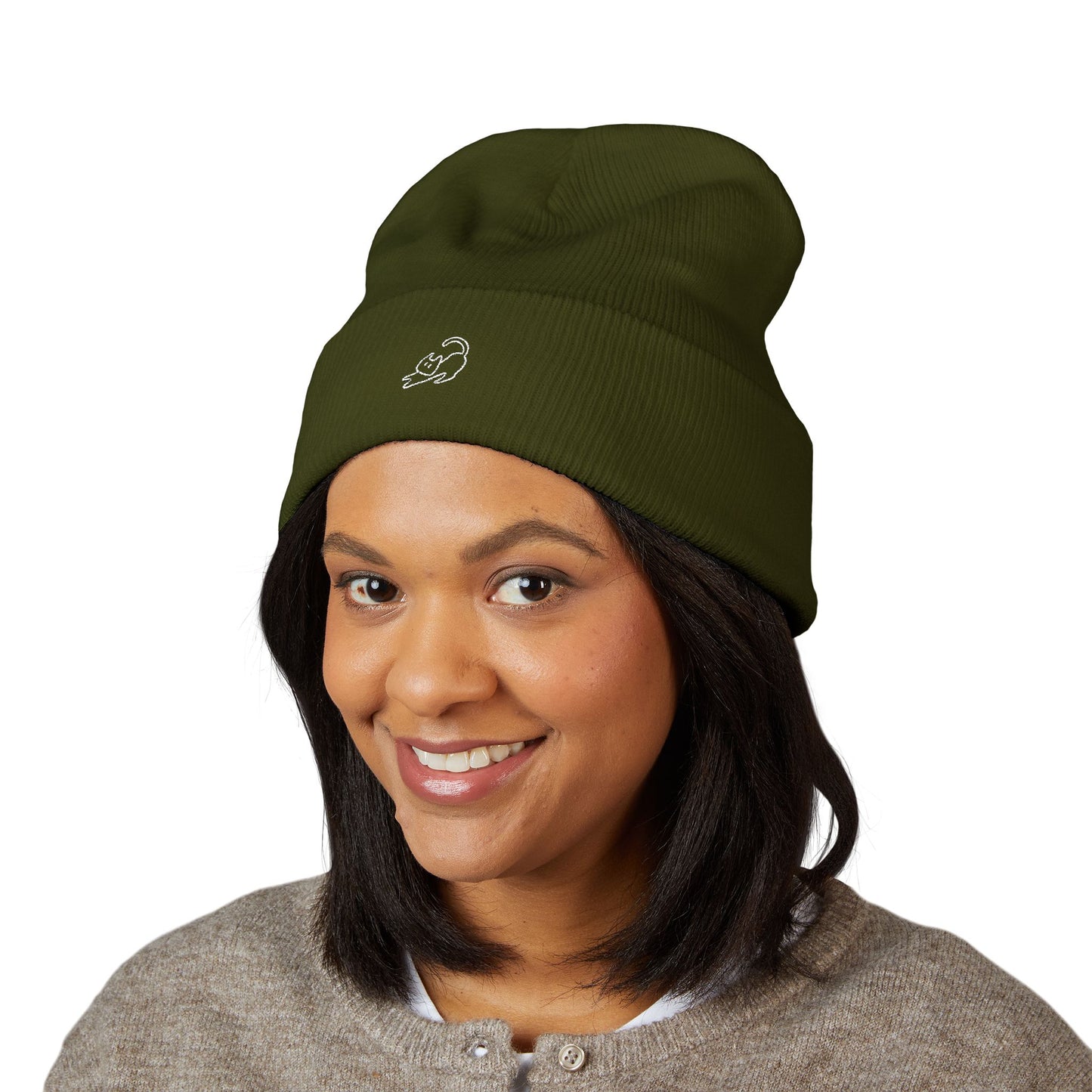 Stretching Cat Beanie – Embroidered Cuffed Knit Hat
