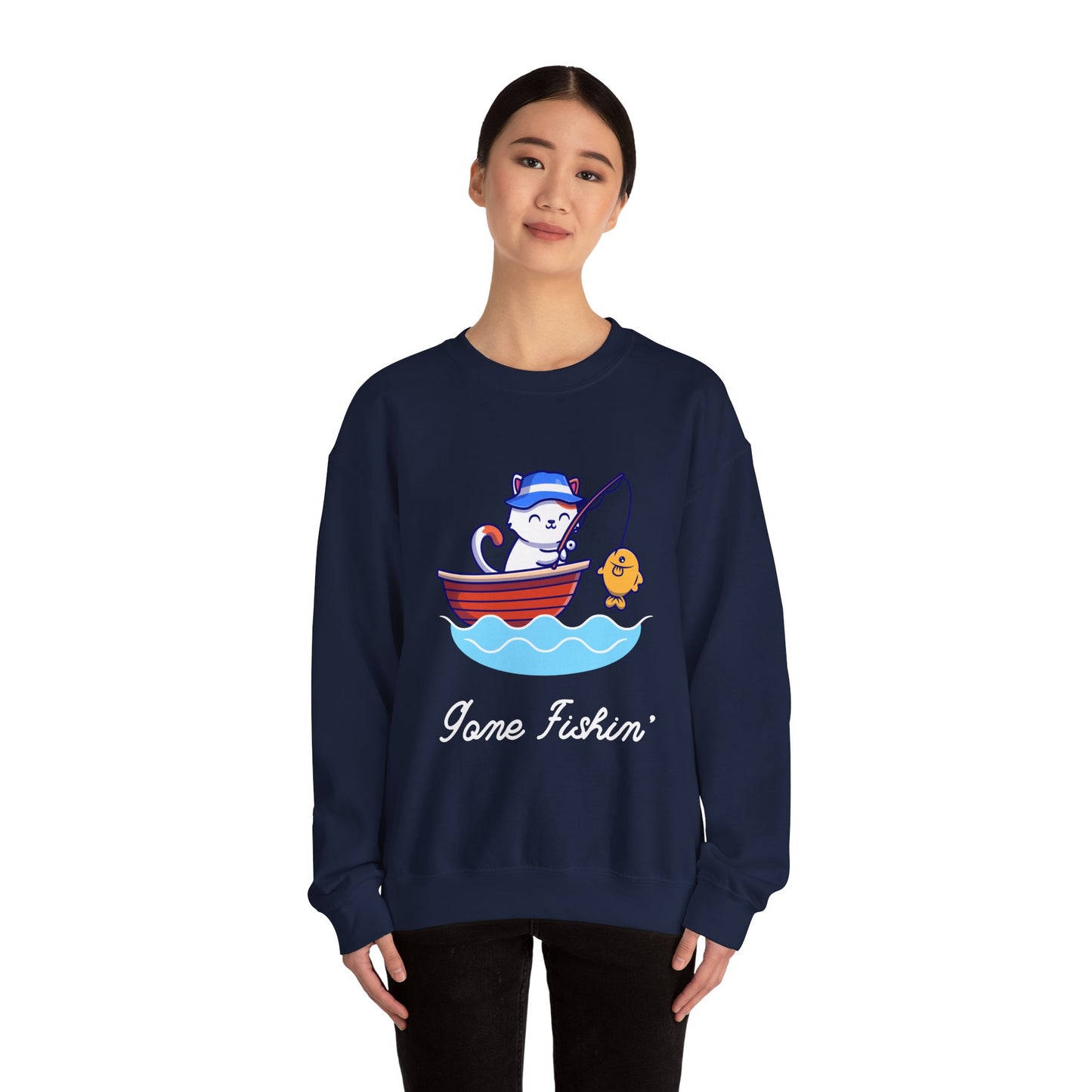 Gone Fishing Sweatshirt – Cat in Boat Crew Neck for Cat Lovers