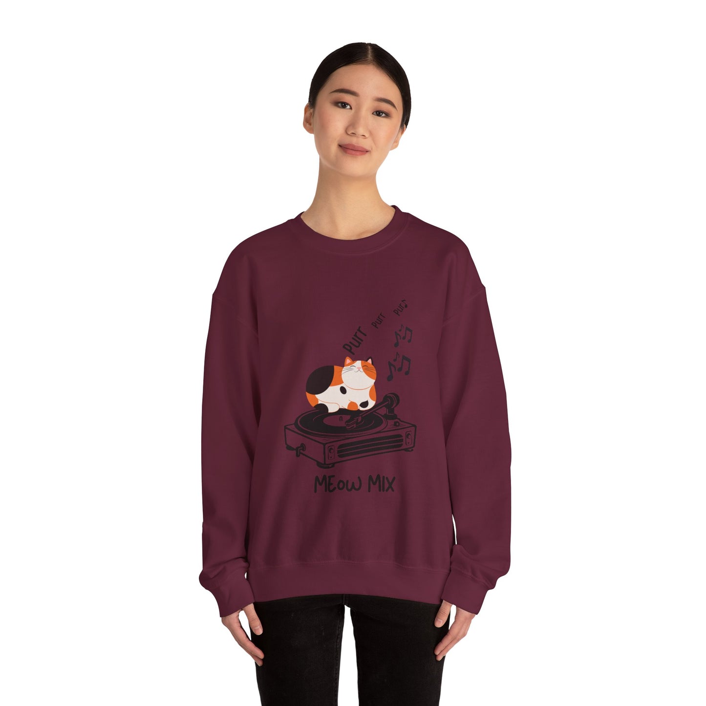 Meow Mix Sweatshirt – Cat on Record Player Crew Neck