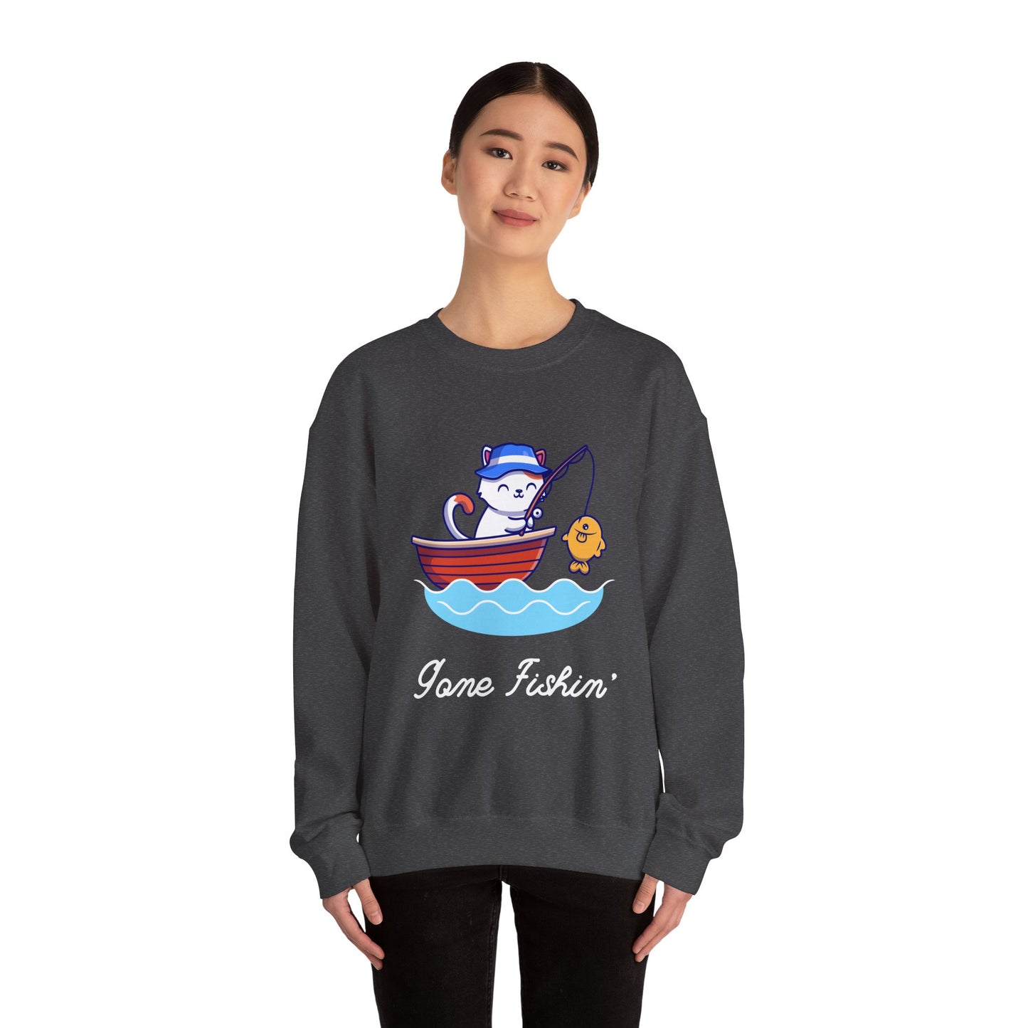 Gone Fishing Sweatshirt – Cat in Boat Crew Neck for Cat Lovers