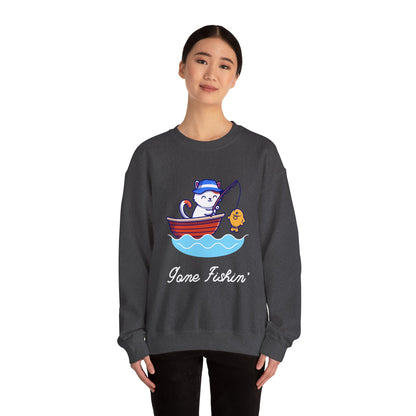Gone Fishing Sweatshirt – Cat in Boat Crew Neck for Cat Lovers