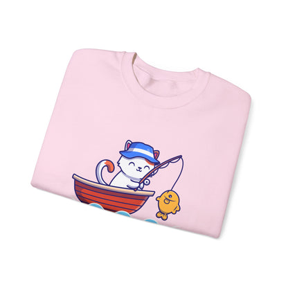 Gone Fishing Sweatshirt – Cat in Boat Crew Neck for Cat Lovers