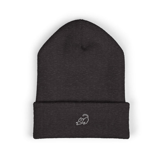 Stretching Cat Beanie – Embroidered Cuffed Knit Hat