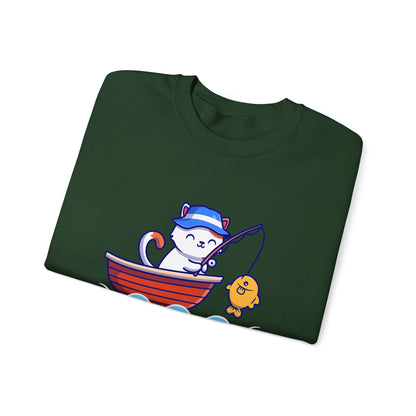 Gone Fishing Sweatshirt – Cat in Boat Crew Neck for Cat Lovers