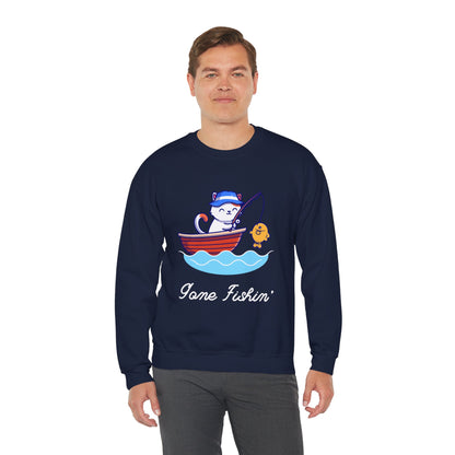 Gone Fishing Sweatshirt – Cat in Boat Crew Neck for Cat Lovers