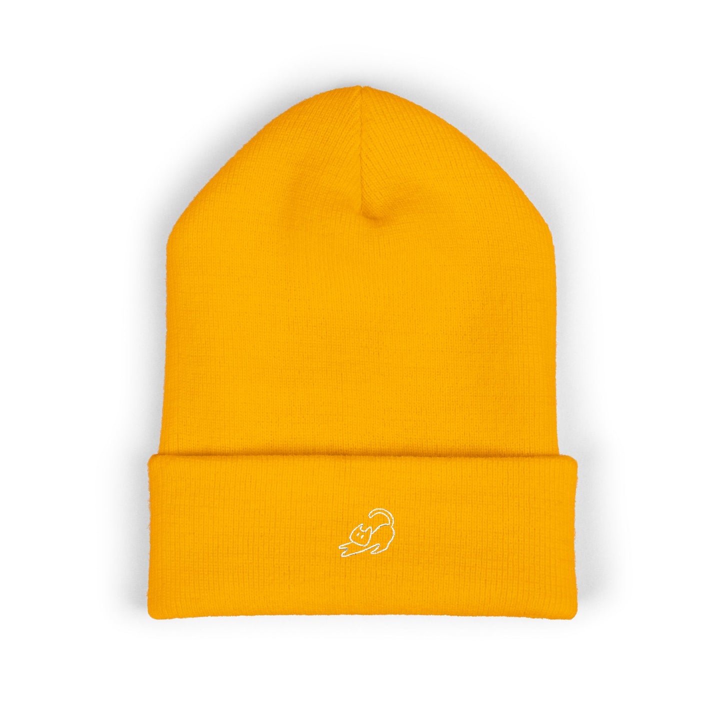 Stretching Cat Beanie – Embroidered Cuffed Knit Hat
