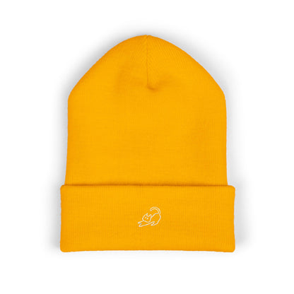Stretching Cat Beanie – Embroidered Cuffed Knit Hat