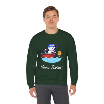Gone Fishing Sweatshirt – Cat in Boat Crew Neck for Cat Lovers