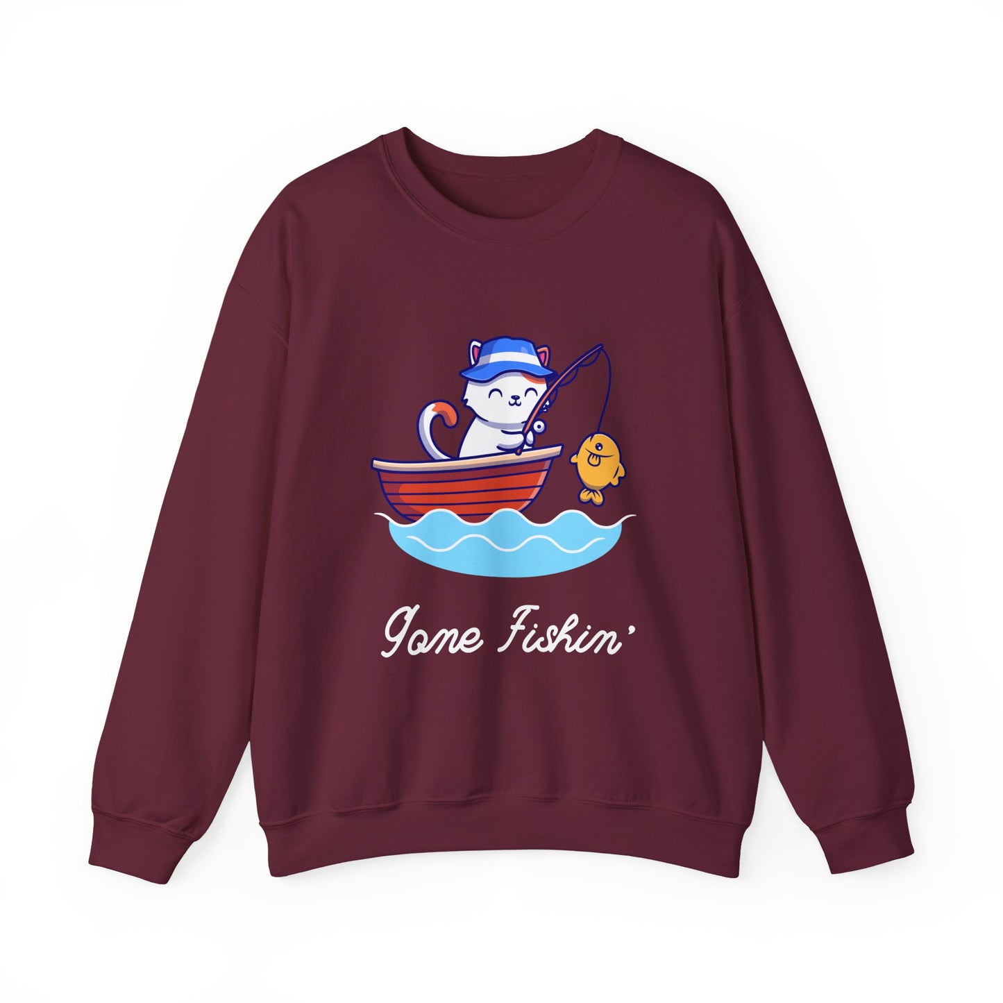 Gone Fishing Sweatshirt – Cat in Boat Crew Neck for Cat Lovers