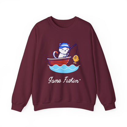 Gone Fishing Sweatshirt – Cat in Boat Crew Neck for Cat Lovers