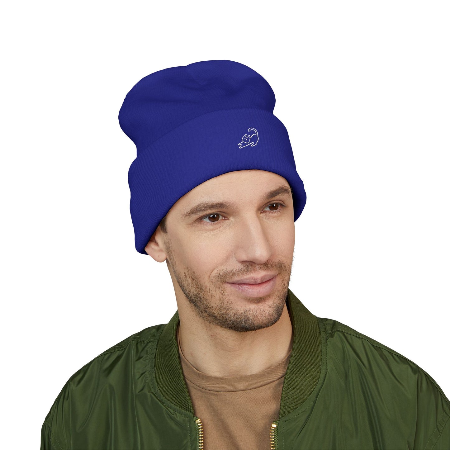 Stretching Cat Beanie – Embroidered Cuffed Knit Hat